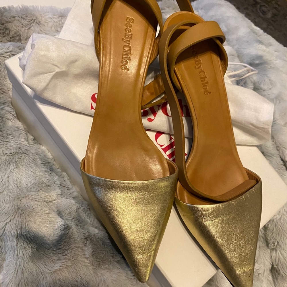 See by Chloe gold /tan kitten heel